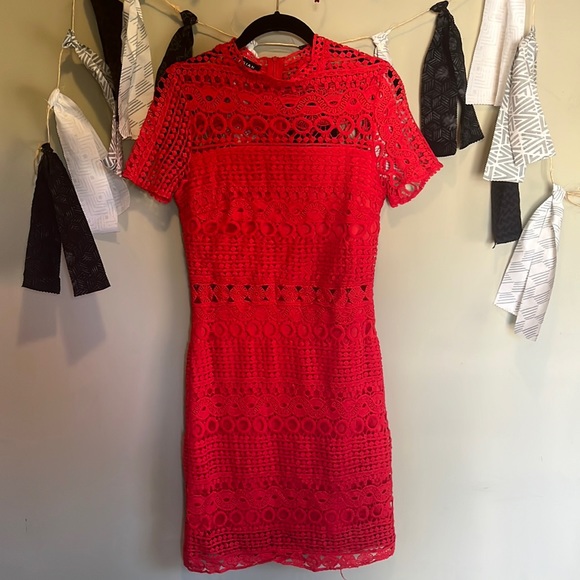 Parisian Tall High Neck Short Sleeve Lace Shift Dress - Picture 2 of 5